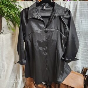 Ravel Black Satin Button Down Shirt Back Bow Detail Pleated Tunic Blouse Medium